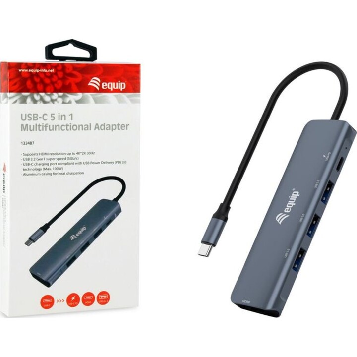 Equip 133487 adaptateur USB-C 5 en 1, HDMI, USB 3.2 Gen1, 100W, noir