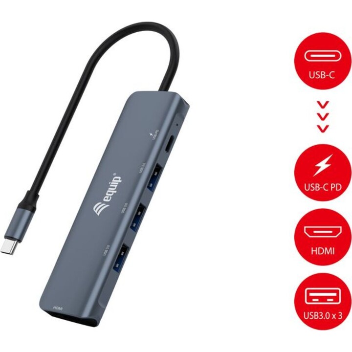 Equip 133487 adaptateur USB-C 5 en 1, HDMI, USB 3.2 Gen1, 100W, noir