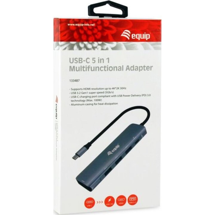 Equip 133487 adattatore USB-C 5 in 1, HDMI, USB 3.2 Gen1, 100W, nero