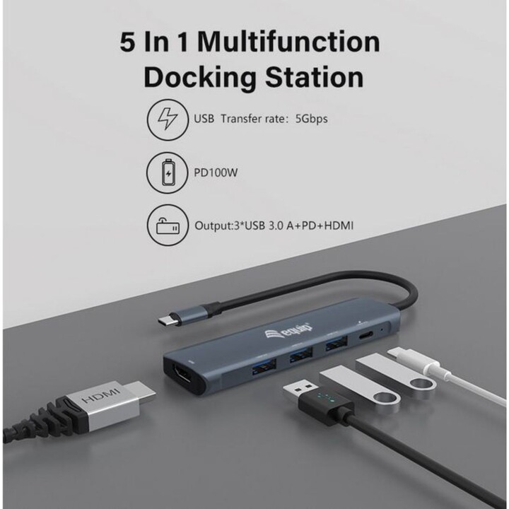 Equip 133487 adaptateur USB-C 5 en 1, HDMI, USB 3.2 Gen1, 100W, noir