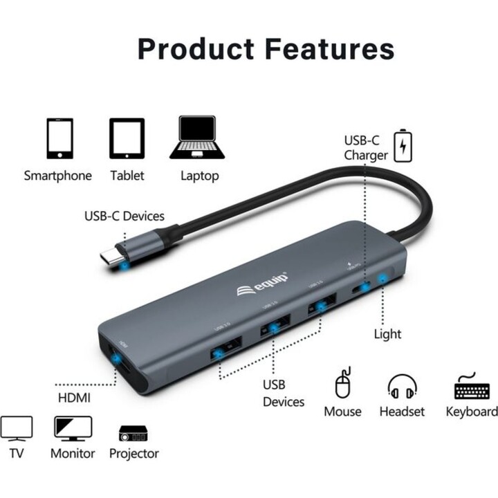 Equip 133487 adattatore USB-C 5 in 1, HDMI, USB 3.2 Gen1, 100W, nero