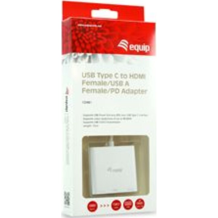 Adaptador USB-C a VGA (HD15), USB-A, USB PD de 60 W, Blanco, Equip