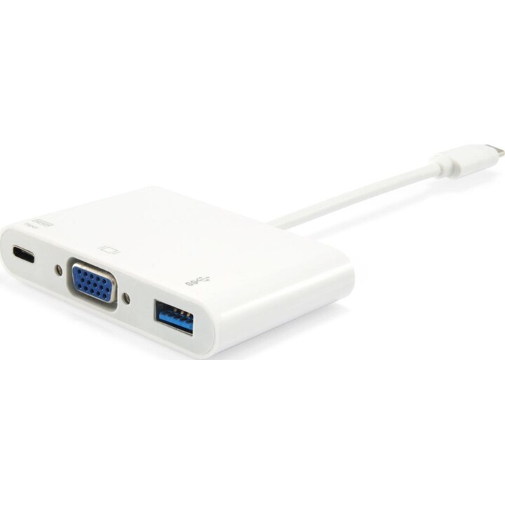 USB-C to VGA Adapter (HD15), USB-A, 60W USB PD, White, Equip
