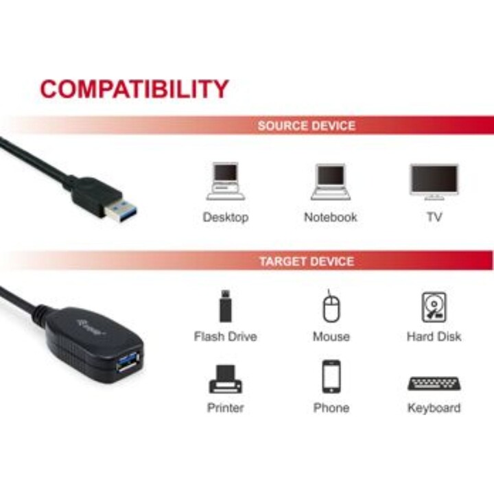 USB 3.0 Active Extension Cable, 10 m, 5 Gbit / s, schwarz, ausrüsten