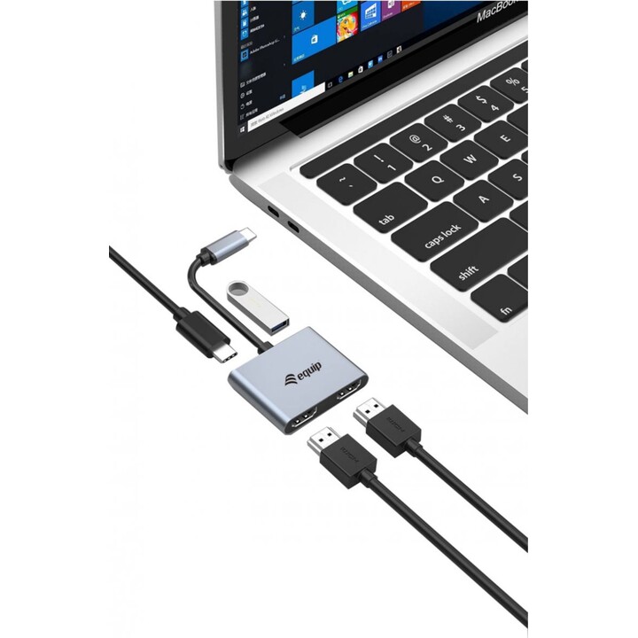 Adaptador USB-C 4 em 1 HDMI duplo, USB 3.0, 100W USB PD, Equip