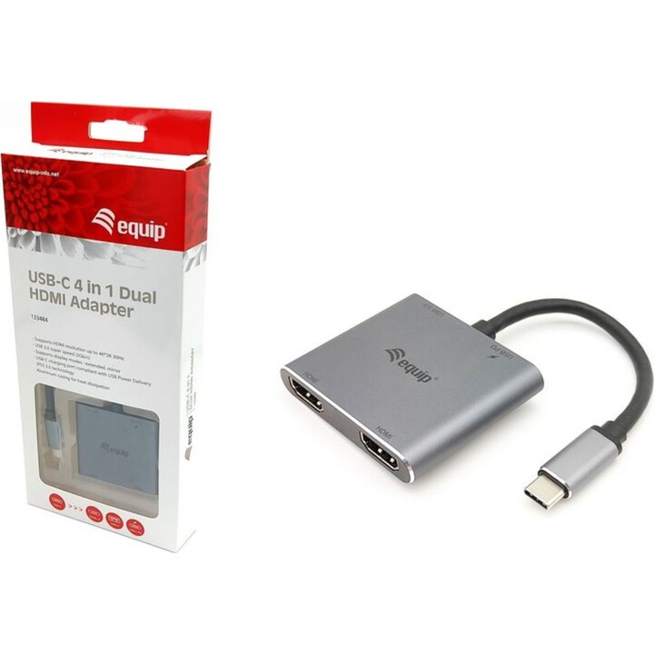 Adaptador USB-C 4 em 1 HDMI duplo, USB 3.0, 100W USB PD, Equip