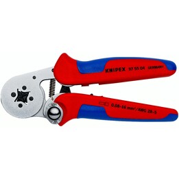 Knipex 97 53 04, Alicates de presión autoajustables para manguitos terminales, acceso lateral, rojo/azul