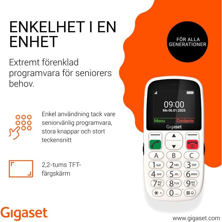 Gigaset GL395 5,59 cm (2,2") 90 g Telefone Branco para Idosos