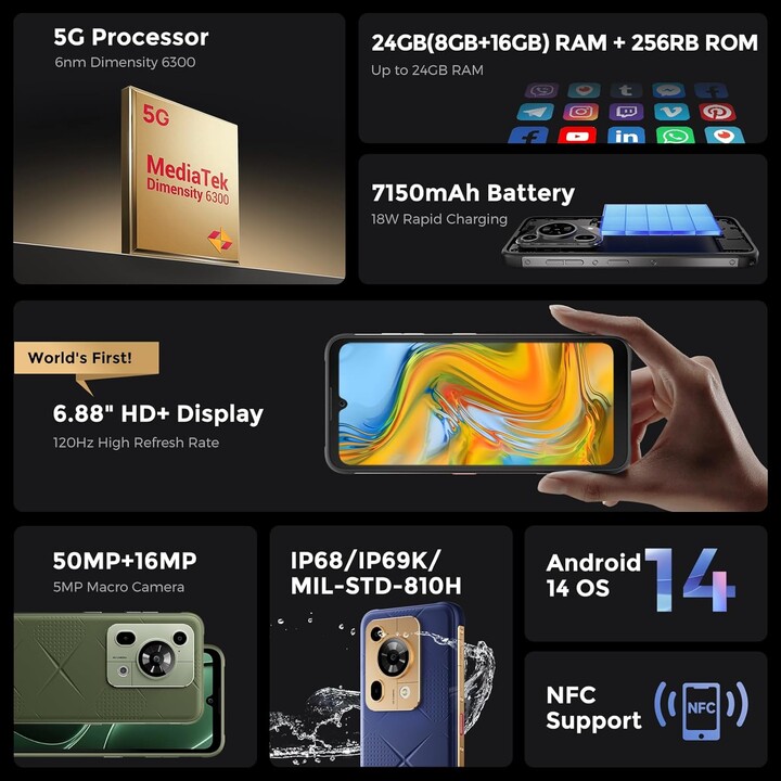 Fossibot F112 Pro 5G, 8GB 256GB, 6.88 LCD IPS HD+, 7150mAh, Black