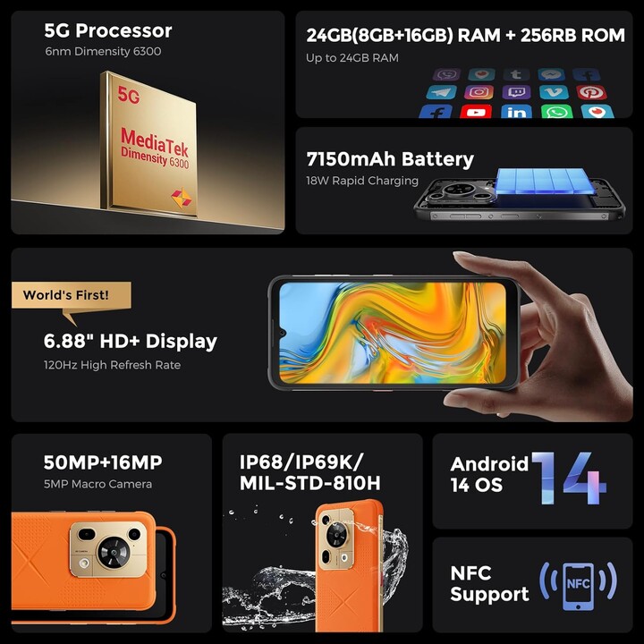 Fossibot F112 Pro 5G, 8GB 256GB, LCD 6,88 IPS HD+, 7150mAh, Arancione