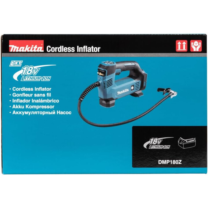 Makita DMP180Z, Gonfiatore a batteria 18V LXT agli ioni di litio, design compatto ad alta pressione, blu acqua.