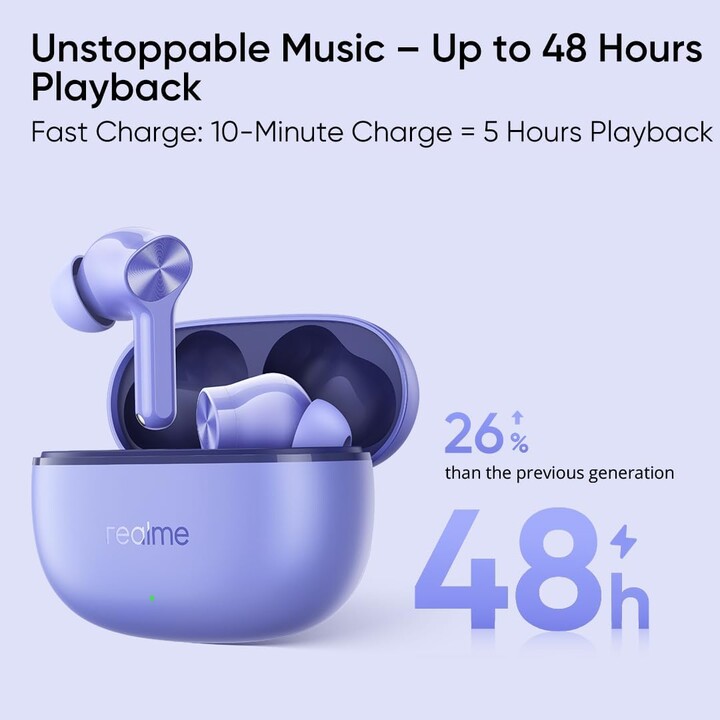 Realme Buds T200 Lite, auriculares Bluetooth, reproducción de 48h, AI enc, carga rápida, IPX4, con micrófono, aurora púrpura