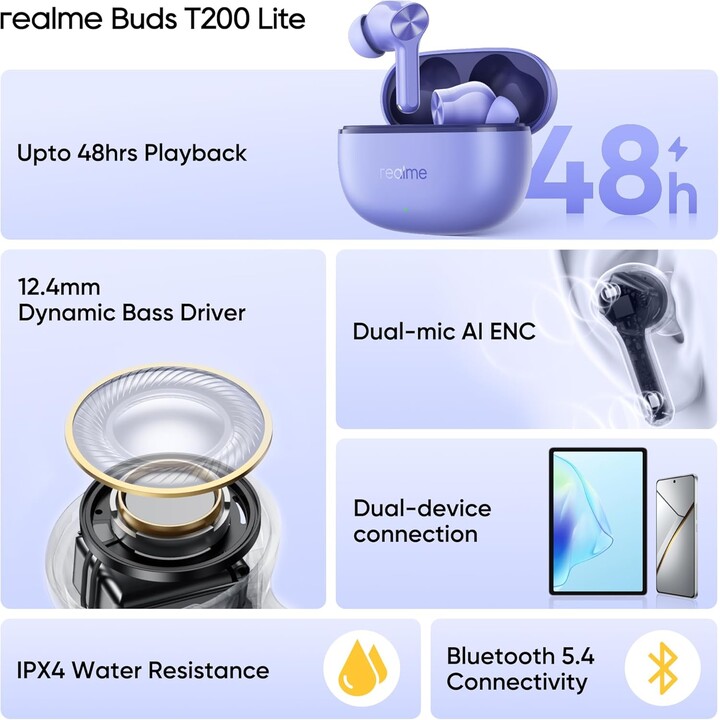 Realme Buds T200 Lite, auriculares Bluetooth, reproducción de 48h, AI enc, carga rápida, IPX4, con micrófono, aurora púrpura