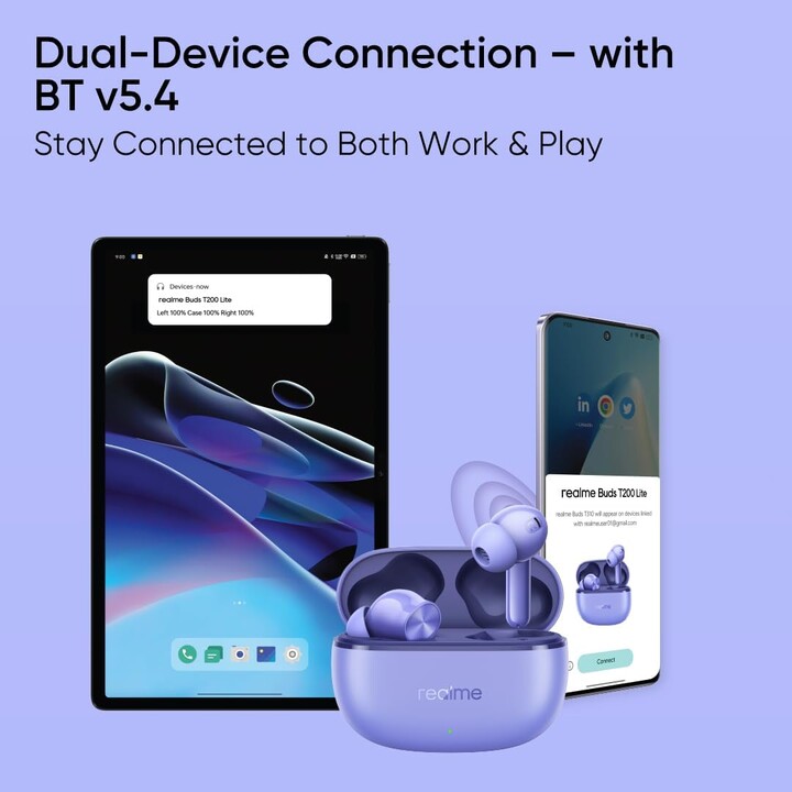 Realme Buds T200 Lite, auriculares Bluetooth, reproducción de 48h, AI enc, carga rápida, IPX4, con micrófono, aurora púrpura
