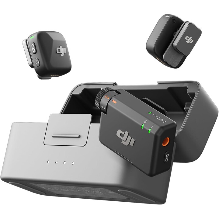 DJI MIC Mini (2 TX + 1 Rx + Case di ricarica), microfono Lavalier wireless, audio ricco di dettagli, 48H, limitazione automatica