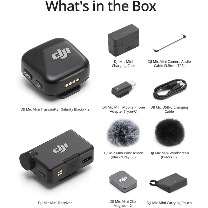 DJI Mic Mini (2 TX + 1 RX + Caso de carga), micrófono inalámbrico Lavalier, audio rico en detalles, 48H, limitación automática
