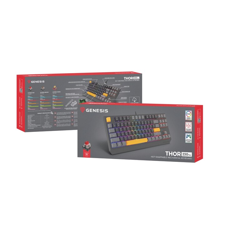 GENESIS Thor 230 TKL Gaming Keyboard USB + RF Wireless + Bluetooth QWERTY Black, Grey, Orange