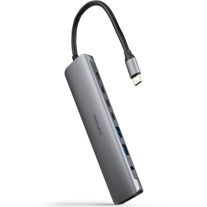 Cabo de encaixe Nanocable Tipo C 10.16.4608/ 2xUSB/ 3xUSB Tipo C/ 1xHDMI 4K/ 1xJack 3.5/ 1xUSB Tipo C PD/ Cinza