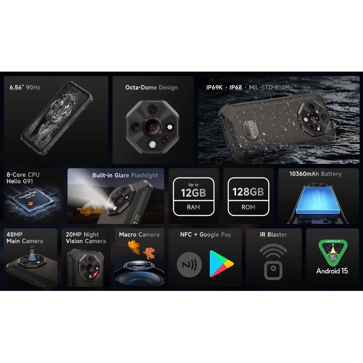 Ulefone Armor X16, 12GB+128GB/SD-2TB, Android 15, 10360mAh, 48MP+16MP+20MP, 3-lotes/ID de cara/huella digital/GPS/OTG/NFC, negro