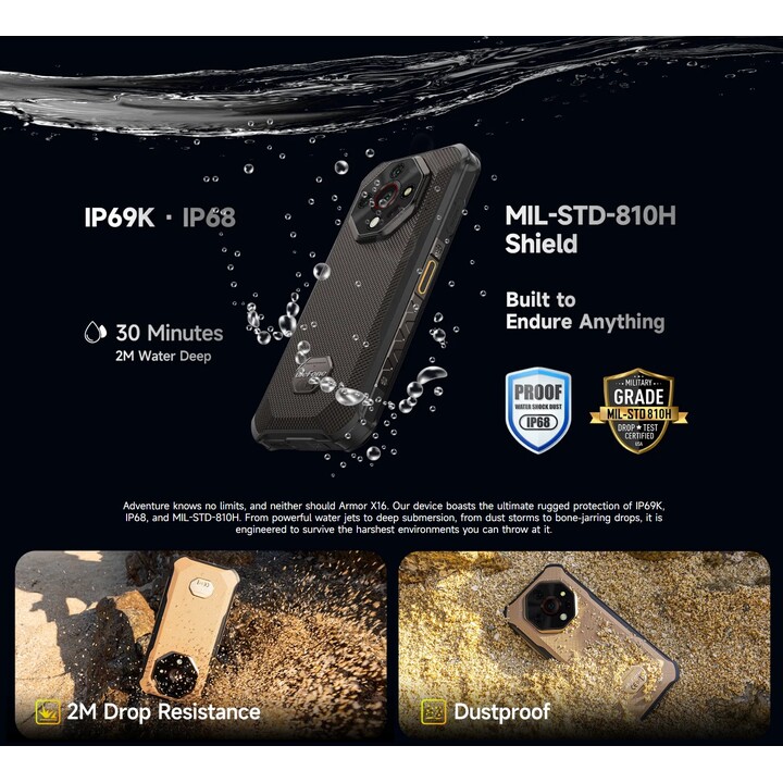 Ulefone Armor X16, 12GB+128GB/SD-2TB, Android 15, 10360mAh, 48MP+16MP+20MP, 3-lotes/ID de cara/huella digital/GPS/OTG/NFC, negro