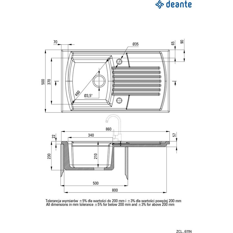 Deante Lusitano Fregadero de cerámica, 1 cubeta con escurridor ZCL_611N 860 x 500 x 230 blanco