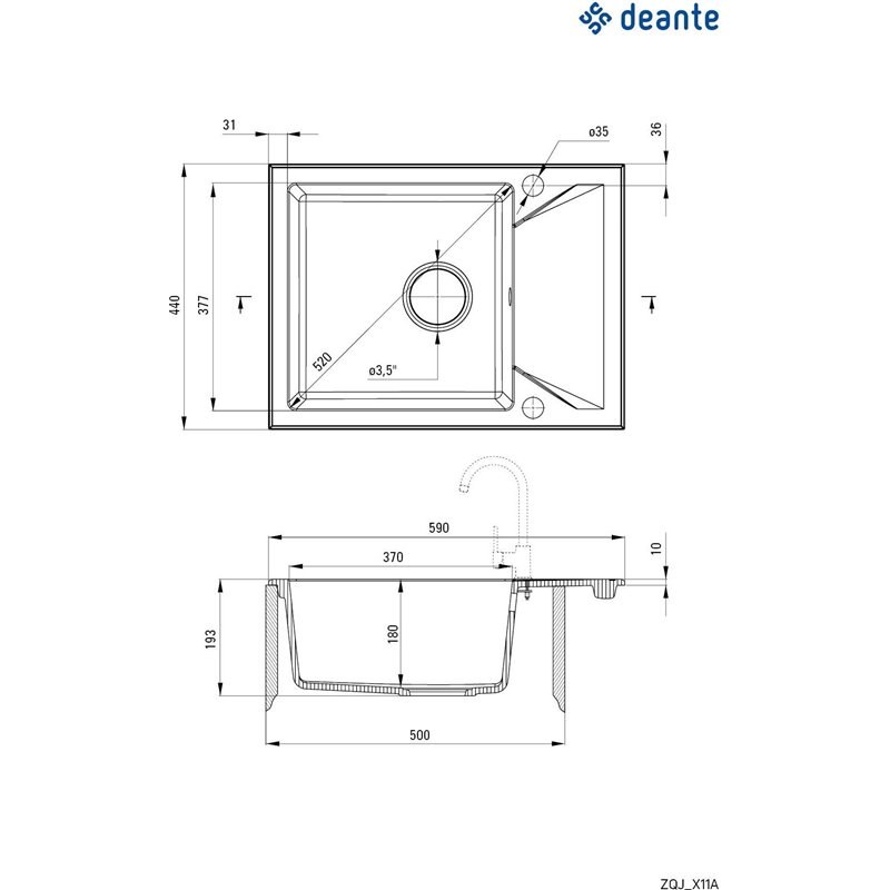 Deante Evora Fregadero de granito, 1 cubeta con escurridor ZQJ_G11A 590 x 440 x 193 grafito metálico