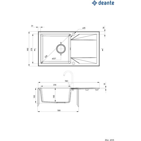 Deante Evora Fregadero de granito, 1 cubeta con escurridor ZQJ_S113 780 x 440 x 193 gris metálico