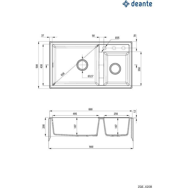 Deante Eridan Fregadero de granito, 2 cubetas ZQE_A20B 880 x 500 x 200 alabastro