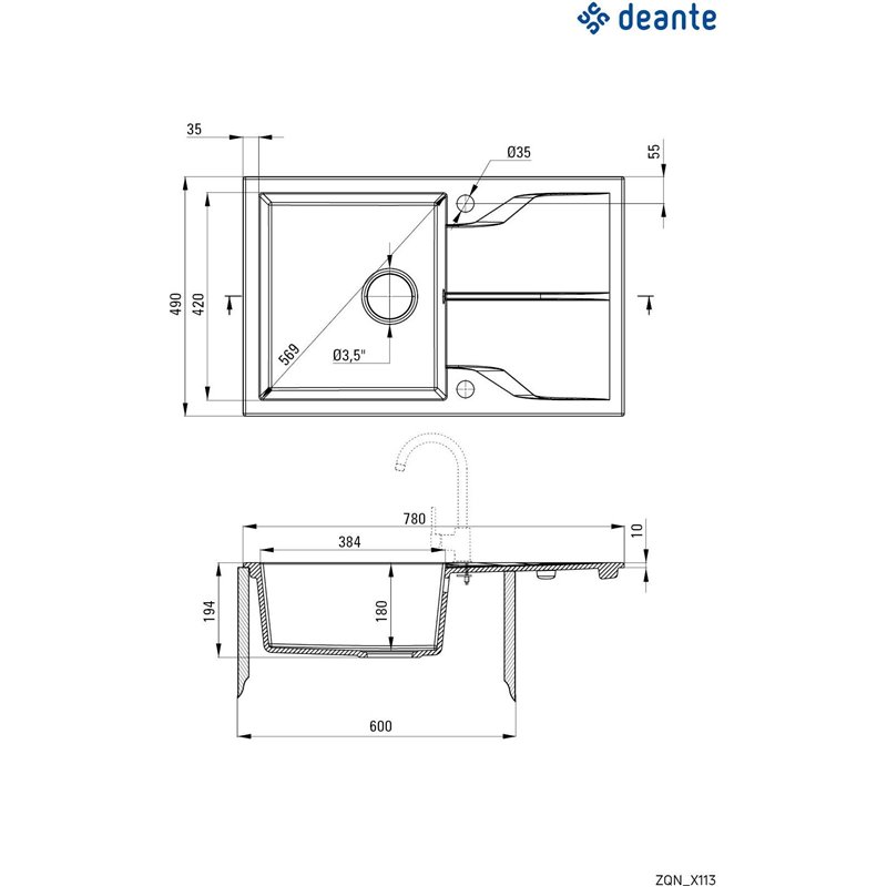 Deante Andante Fregadero de granito, 1 cubeta con escurridor ZQN_5113 780 x 490 x 194 beige