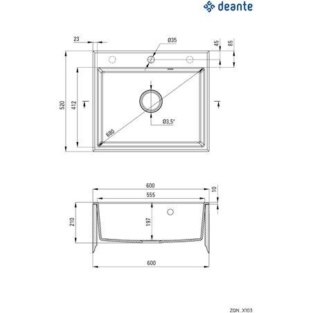 Deante Andante Granitspülbecken, 1 Becken ZQN_7103 600 x 520 x 210 Sand