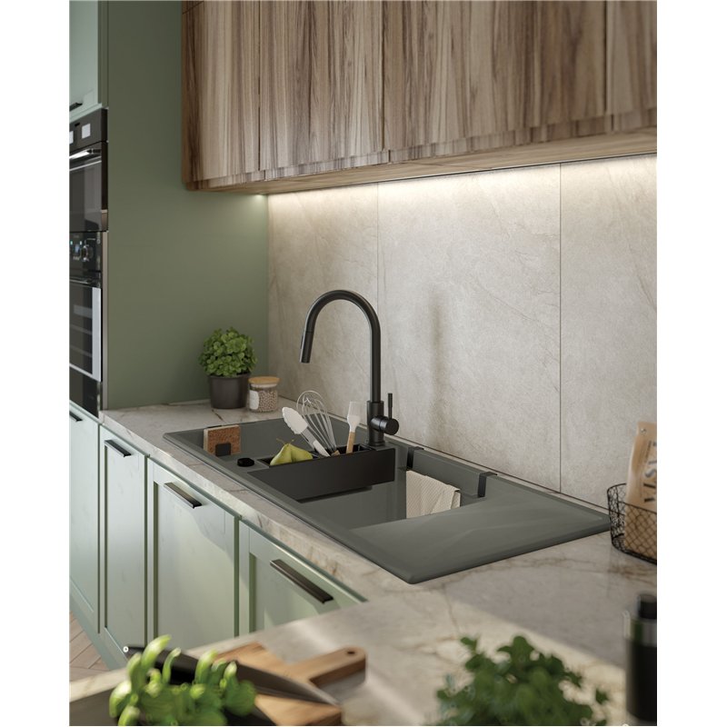Deante ZRM S213, 2-bowl magnetic granite sink with drainage, metallic grey