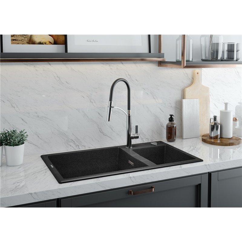 Deante Zqe N20B, fregadero de granito de 2-bowl, negro
