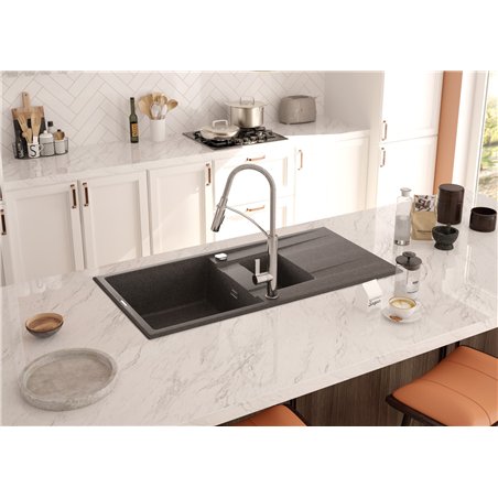 Deante ZQE_S513, fregadero de granito de 1.5-bowl con drenaje, gris metálico