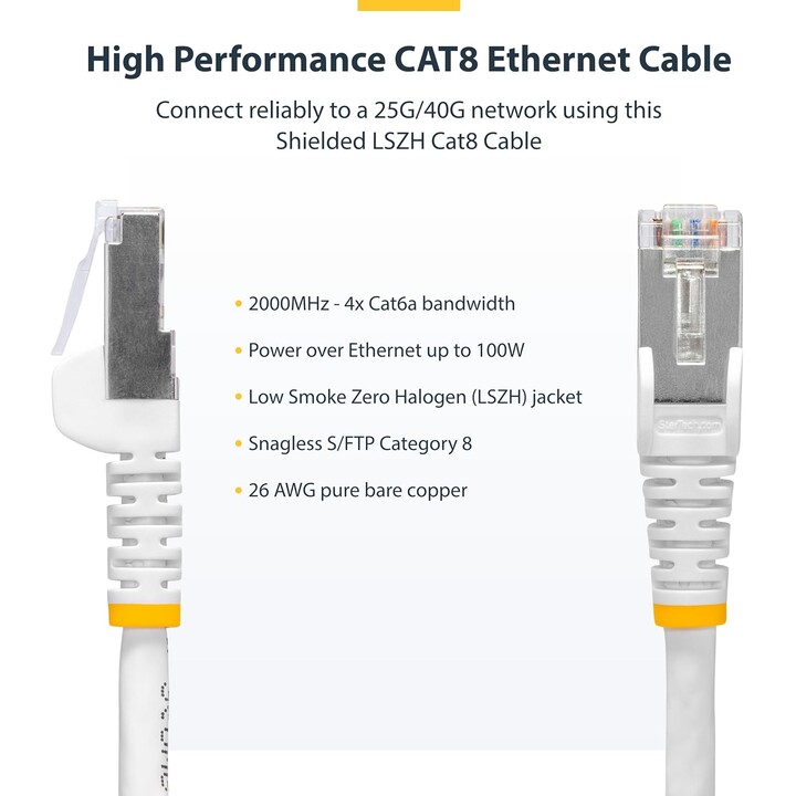 StarTech.com Câble Ethernet CAT8 Blanc de 3m, RJ45 Snagless, 25G/40G, 2000MHz, 100W PoE++, S/FTP, Fil de Cuivre Pur 26AWG, LSZH,