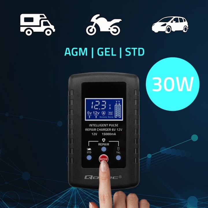 Caricabatterie automatico Qoltec 52426 per batterie AGM GEL STD da 6 V/12 V | 2 A | Raddrizzatore con funzione di riparazione e