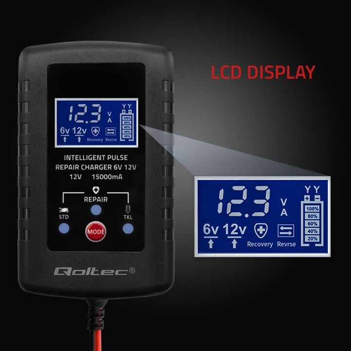 Caricabatterie automatico Qoltec 52426 per batterie AGM GEL STD da 6 V/12 V | 2 A | Raddrizzatore con funzione di riparazione e