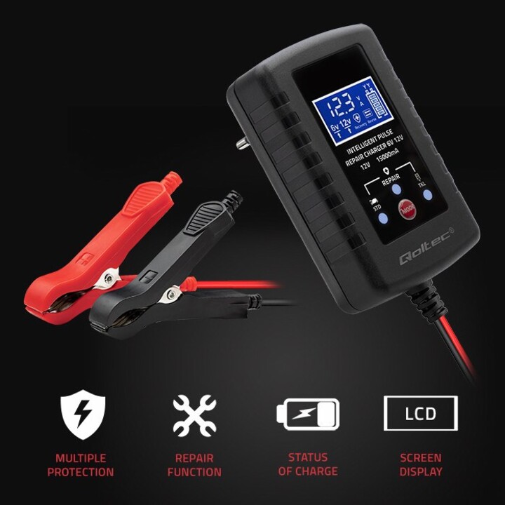 Qoltec 52426 Cargador automático para batería AGM GEL STD 6V/12V | 2A | Rectificador con función de reparación y pantalla LED