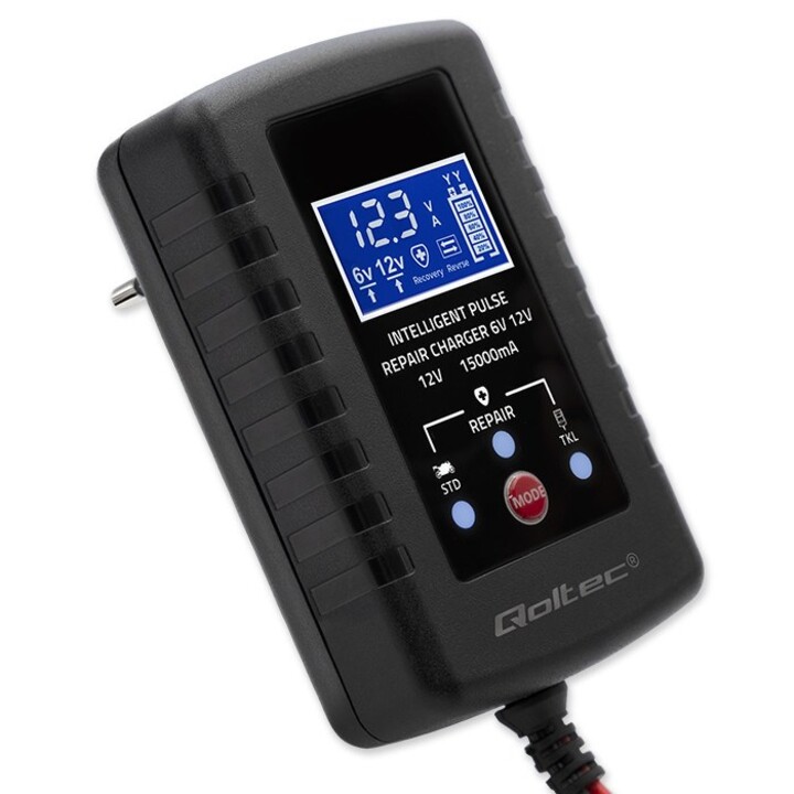 Caricabatterie automatico Qoltec 52426 per batterie AGM GEL STD da 6 V/12 V | 2 A | Raddrizzatore con funzione di riparazione e