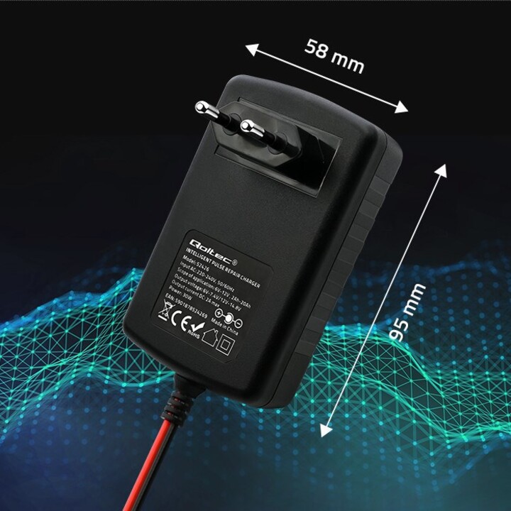 Caricabatterie automatico Qoltec 52426 per batterie AGM GEL STD da 6 V/12 V | 2 A | Raddrizzatore con funzione di riparazione e
