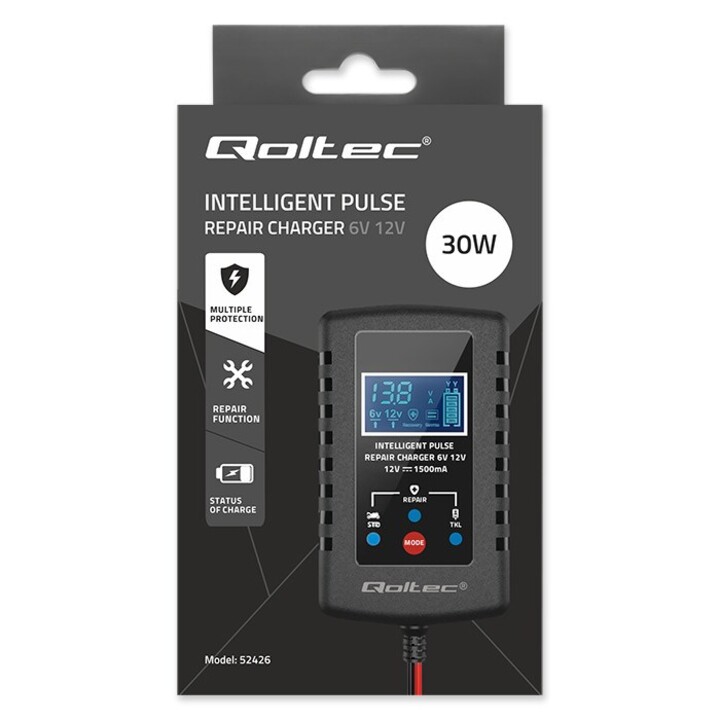 Caricabatterie automatico Qoltec 52426 per batterie AGM GEL STD da 6 V/12 V | 2 A | Raddrizzatore con funzione di riparazione e