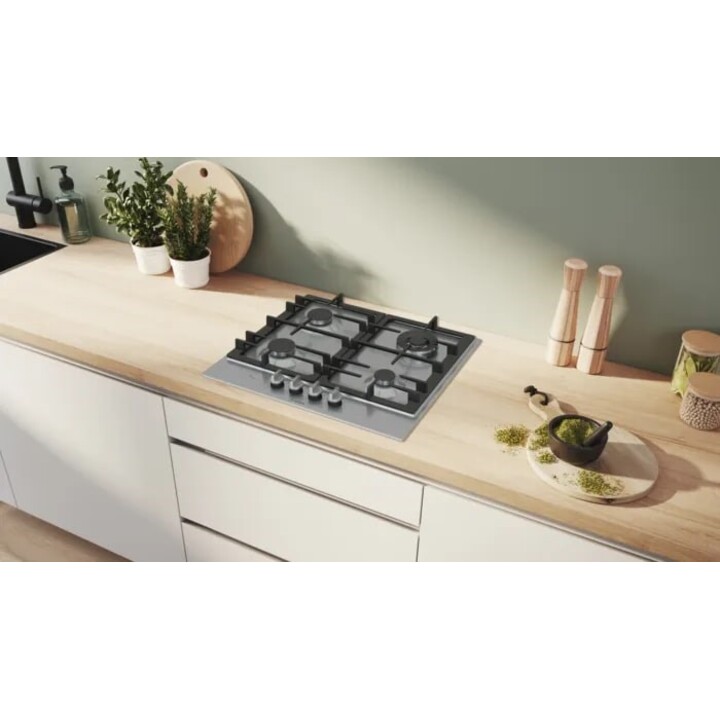 Bosch 6 Serie PCH6A5I90, 60 cm integriertes Gaskochfeld mit 4 Brennern und Gusseisenträgern, Edelstahl