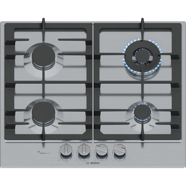 Bosch 6 Serie PCH6A5I90, 60 cm integriertes Gaskochfeld mit 4 Brennern und Gusseisenträgern, Edelstahl