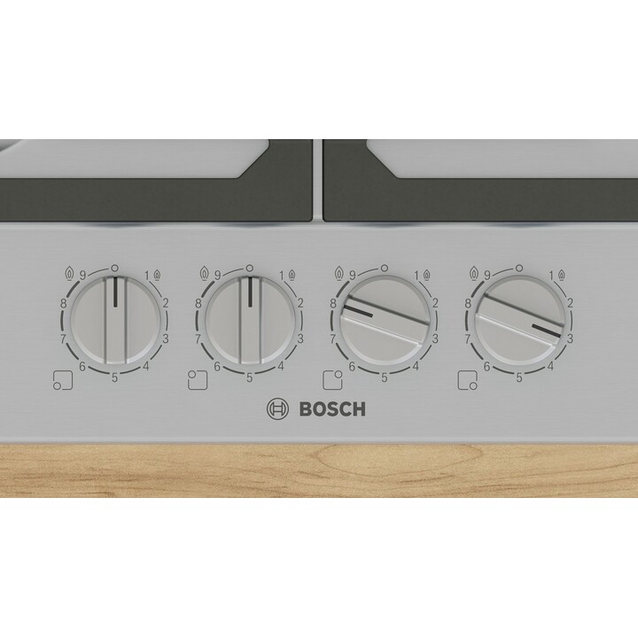 Bosch 6 Serie PCH6A5I90, 60 cm integriertes Gaskochfeld mit 4 Brennern und Gusseisenträgern, Edelstahl