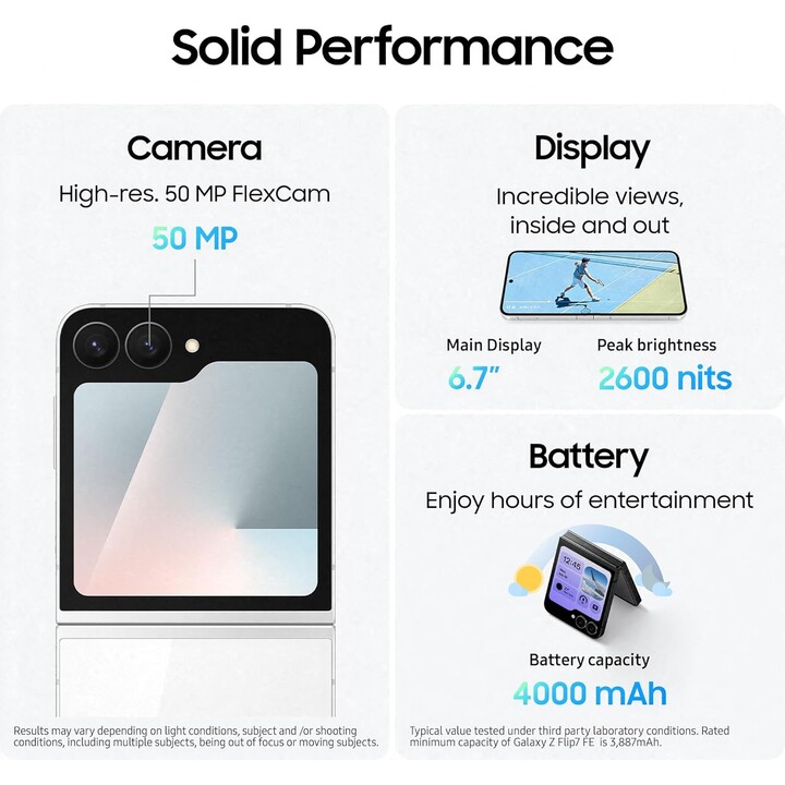 Samsung Galaxy Z Flip7 FE 5G, 8GB 256GB, AI Phone, Wide Cover Screen, 50MP Camera, Smooth Processor, Black