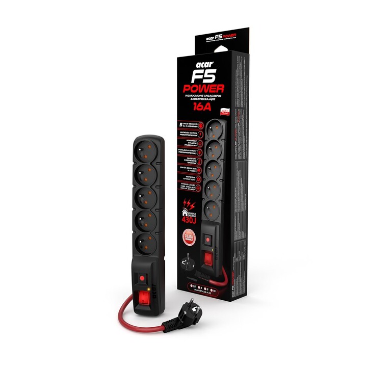 ACAR F5 POWER Black 5 AC 230 V outlets 10 m