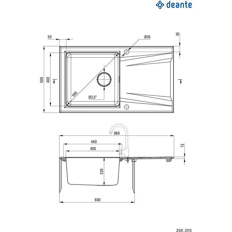 Deante Prime Fregadero de granito-acero, 1 cubeta con escurridor ZSR_G113 860 x 500 x 220 grafito metálico, acero