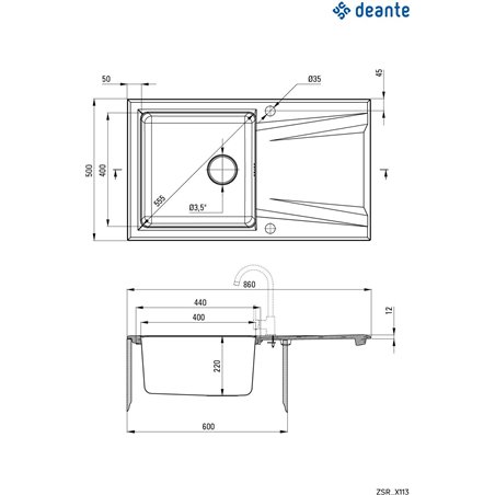 Deante Prime Fregadero de granito-acero, 1 cubeta con escurridor ZSR_G113 860 x 500 x 220 grafito metálico, acero
