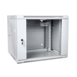 Wall-mounted network cabinet 19" 9U rack 600x550, door pane, gray, split, folded, 60kg