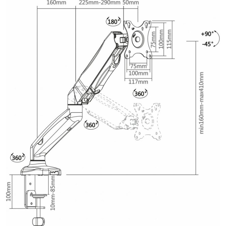 20 TISCHHALTERUNG MIT GELENKARM AISENS DT27TSR-043 FÜR BILDSCHIRME 13-27 '/ 33-65CM - BIS 6.5KG - GEGENGEWICHT / NEIGEN / NE