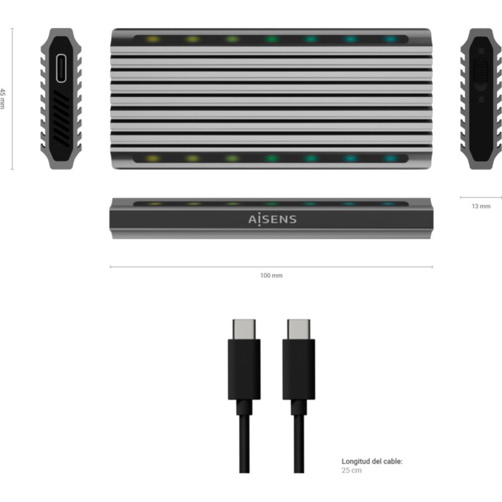 Externes GehäusefürSSD M.2 SATA/NVMe Aisens ASM2-RGB011GR/ USB 3.2 Gen2/ Ohne Schrauben